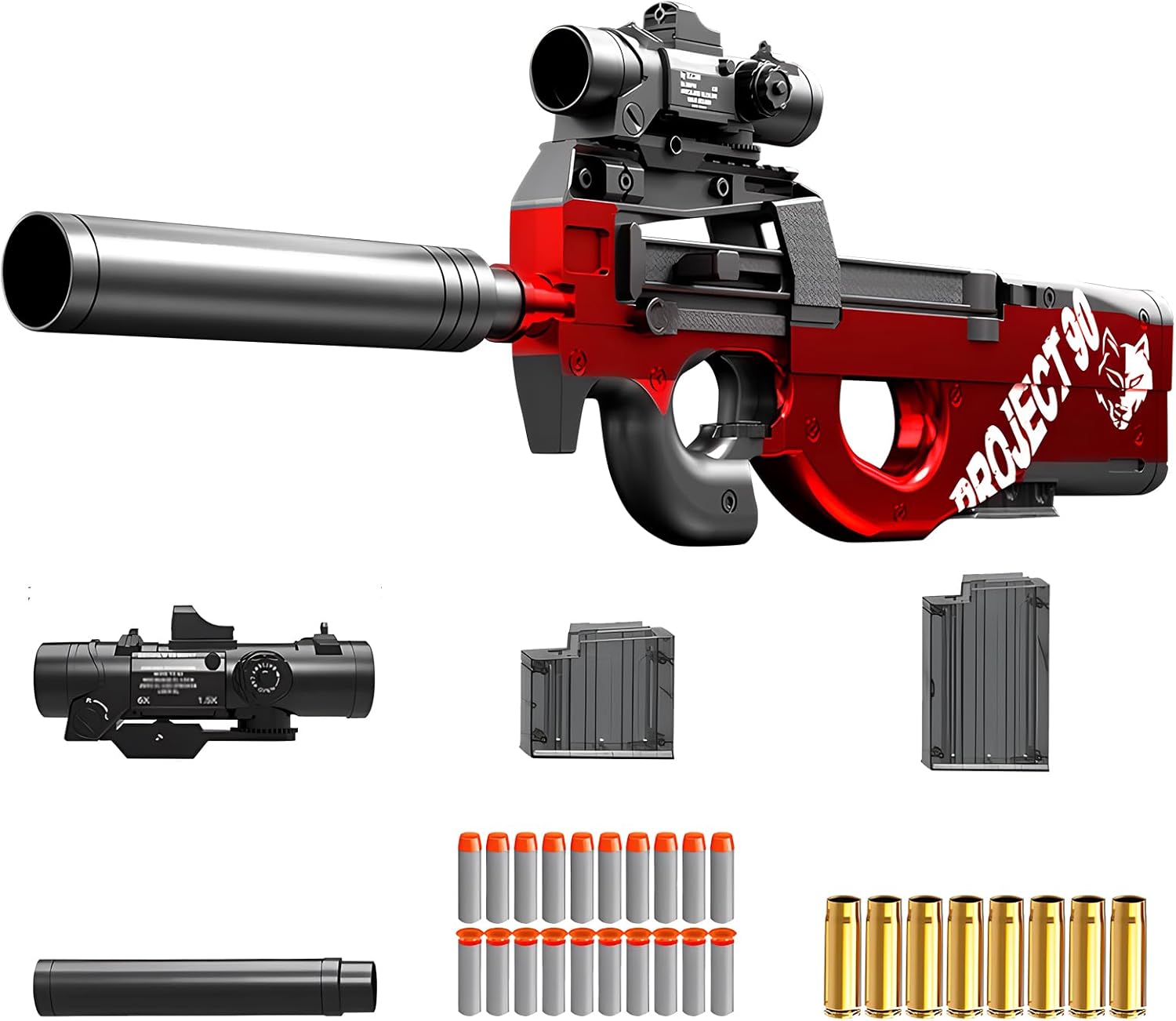 スポンジ銃 おもちゃ ショットガン P90おもちゃ銃 P90ガンおもちゃ トイガン P90ショットガン 排莢式 拡張クリップ付き 手動 EVAソフト弾丸20個 薬莢8個 ボルトアクション ブローバック