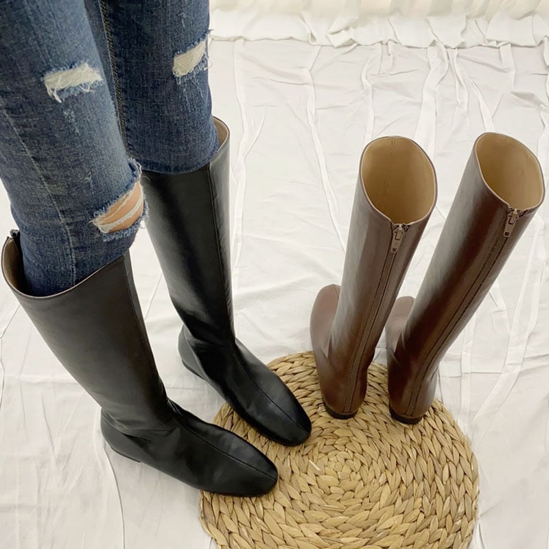 2color バックファスナー付きで履き脱ぎ楽ちん． モダン, ベーシックな雰囲気の 無地 ローヒール デイリーロングブーツ