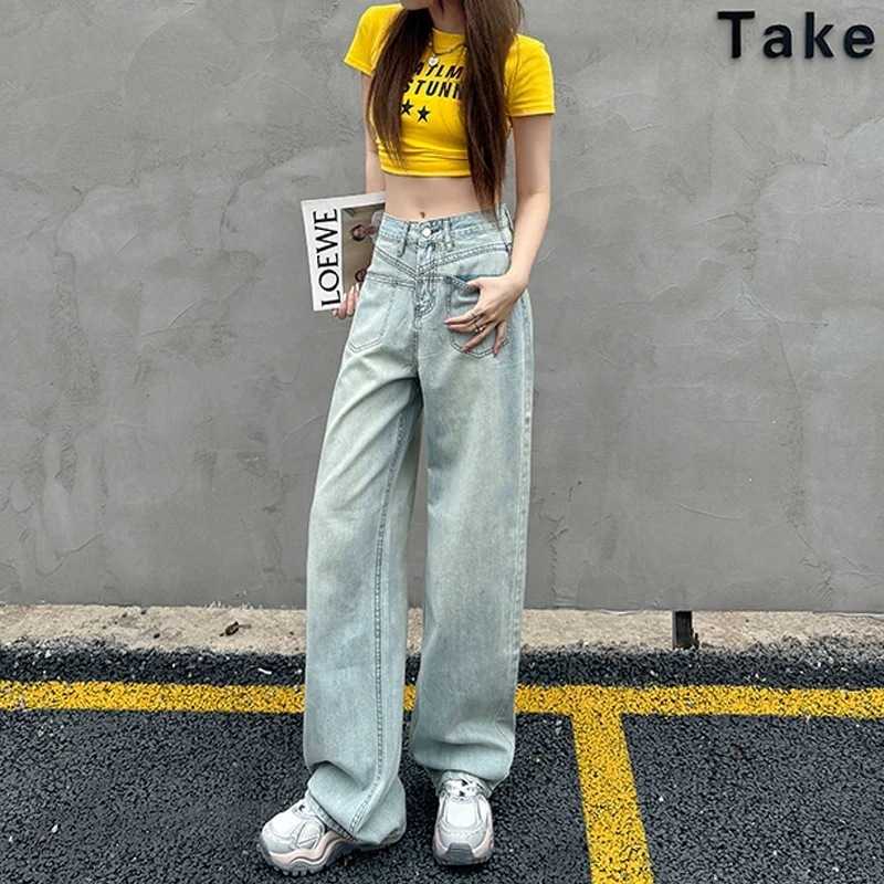 【急速出荷!】のデザイン感の狭い版のストレートジーンズの新モデルの高いウエストはやせて見えます百合の広い脚のモップのズボン