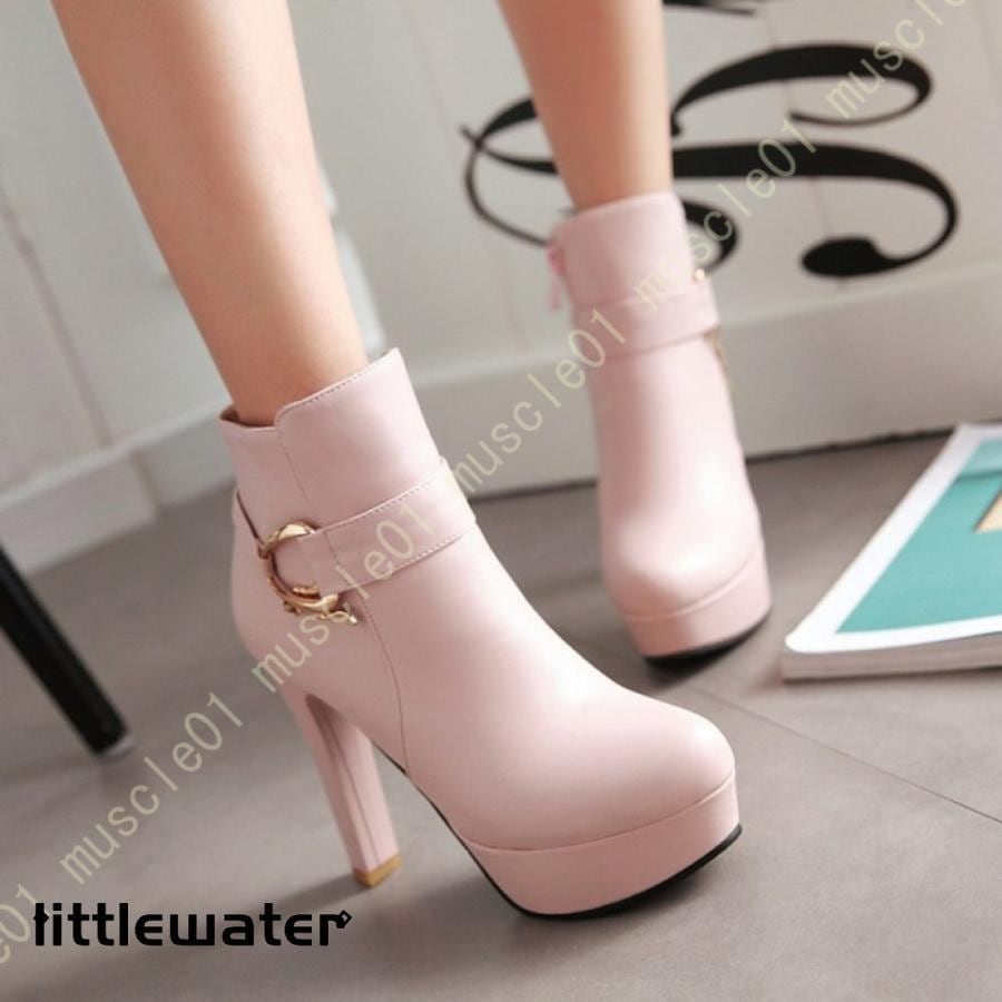 レディース 厚底 太ヒール ブーツ ショートブーツ 歩きやすい 大きいサイズ ブーティ プラットフォーム 前厚 厚底 春秋冬 サイドジップ アンクルブーツ