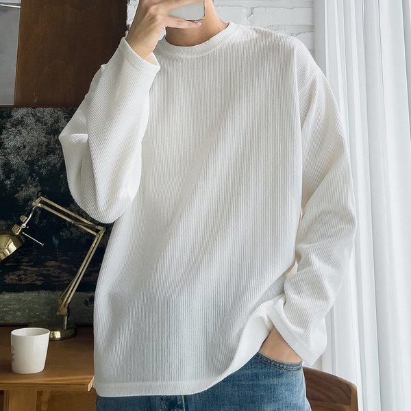 メンズベーシックリブ ラウンド 長袖 Tシャツ 5C-TSA-Q117-白