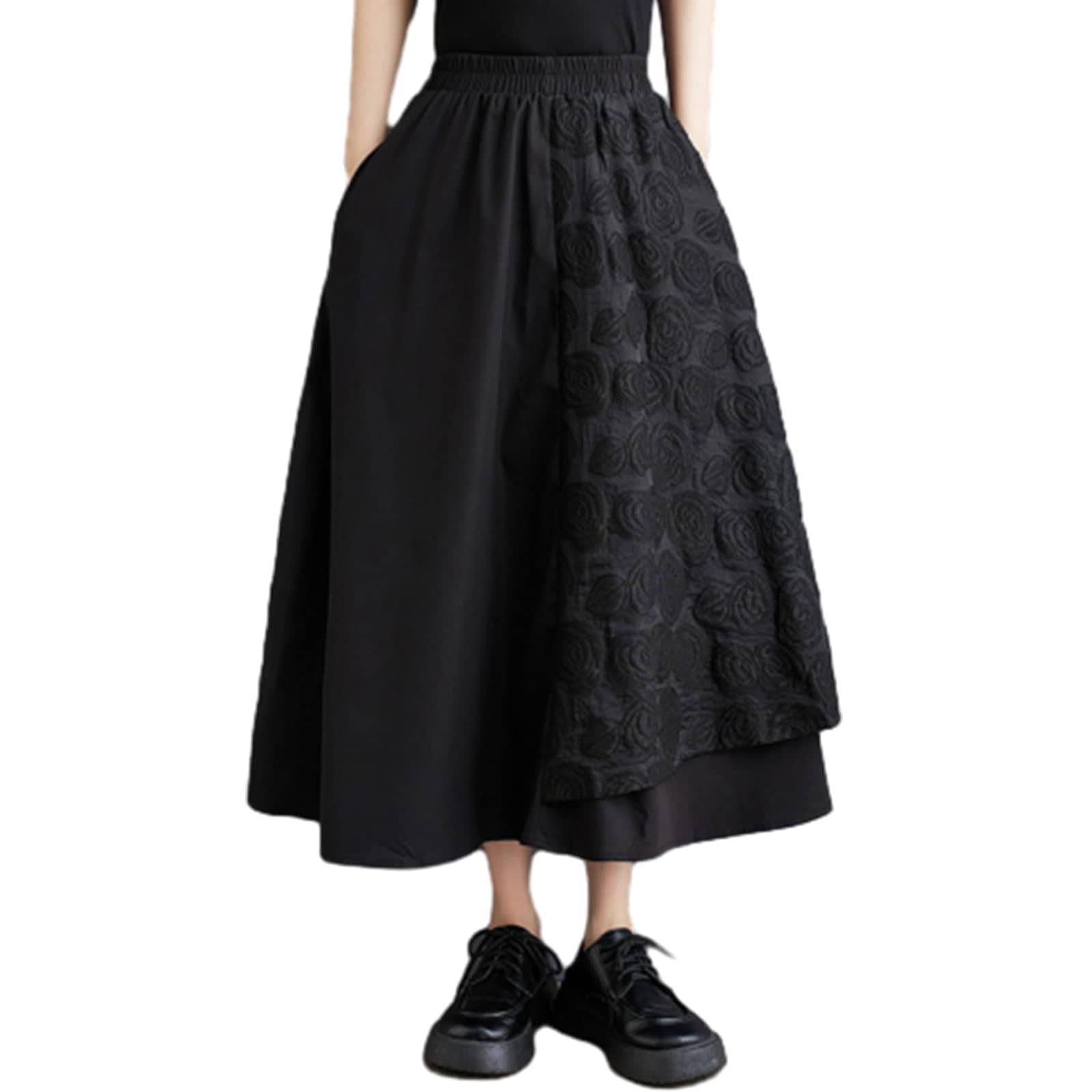 [CCGGOWMM] スカート レディース 花柄 ロングスカート 切り替え マキシ丈 フレア かわいい ゴム ポケット 大きいサイズ キレイめ ゆったり 春服 着痩せ カジュアル 通勤 体型カバー 春