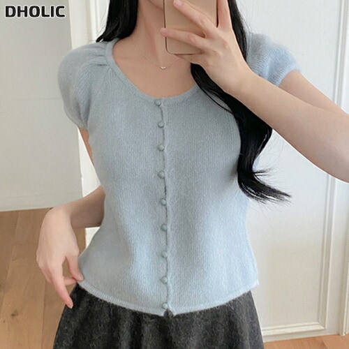 アンゴラ混パフスリーブボタンUネックフレンチスリーブ半袖カーディガン・1953364