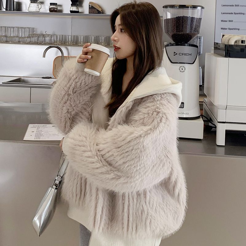 韓国 人気 フェイクファー アウター レディースファッション ゆったり 毛皮コート 百掛け フード付きアウター