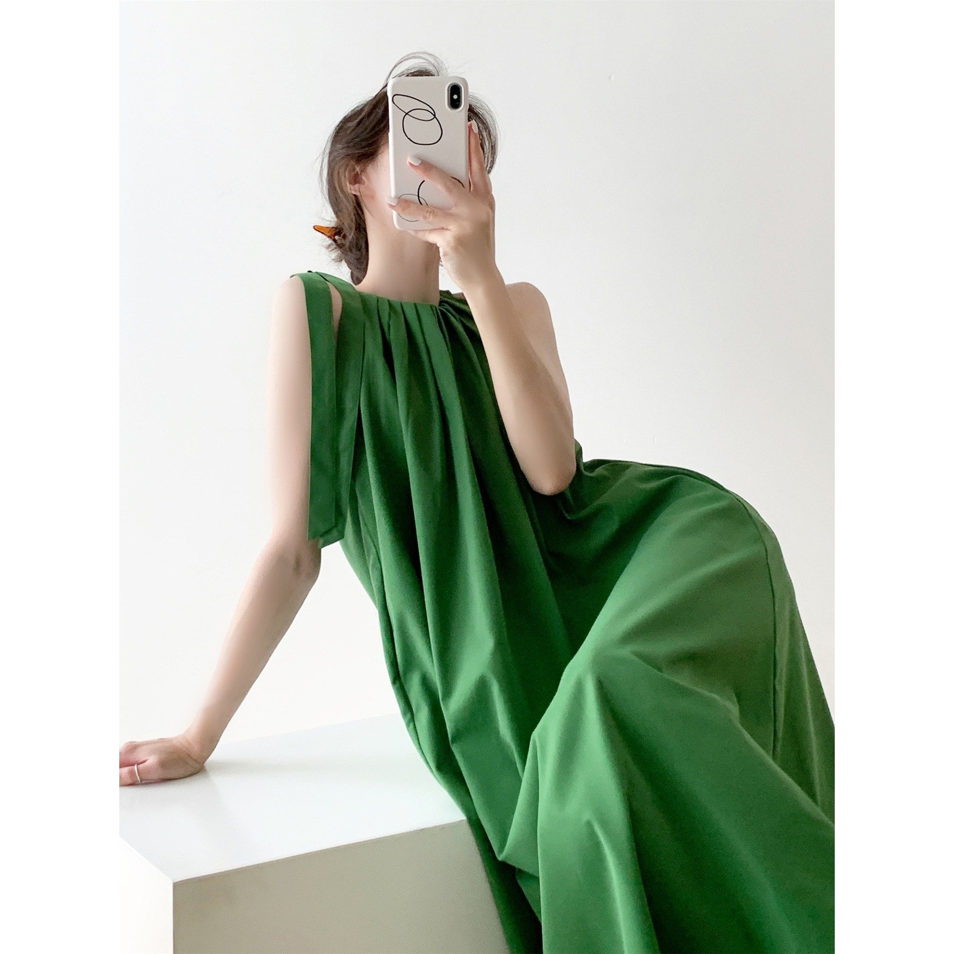 2023 袖なし ロングワンピース 夏 大きいサイズ ゆったり 無地 おしゃれ グリーン ワンピース ノースリーブ 腹を隠し スリム見え 母の日