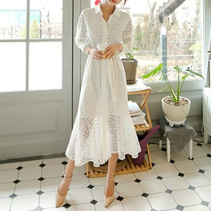 レディース ワンピース マーメイドスカート ミモレ ロング 長袖 襟付き セミフレア Aライン フェミニン レース ウエストリボン 前開き かわいい 大人可愛い きれいめ シンプル 上品 おしゃれ