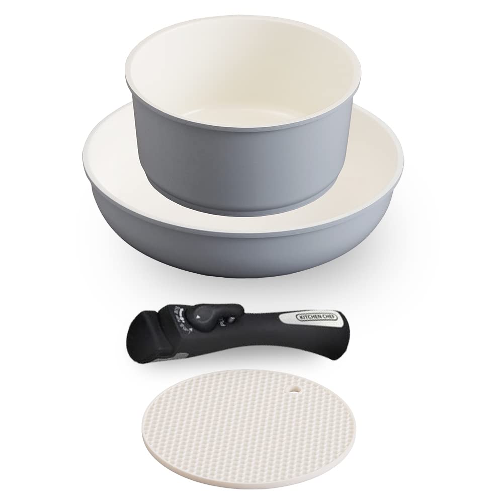 時短・省エネ アイリスオーヤマ 取っ手のとれる フライパン 鍋 3点セット IH ガス火対応 26cm 20cm コンパクト収納 軽量 セラミックカラーパン グレー