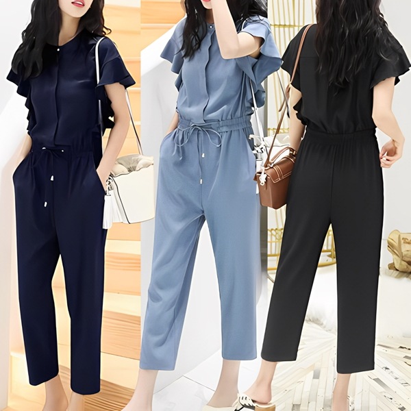 ３色展開 レディース オールインワン アウター つなぎ カジュアルスーツ ジャンプスーツ ワークパンツ ワイドパンツ 半袖 フリル袖 ラウンドネック クルーネック セミフレア ストレート テーパード