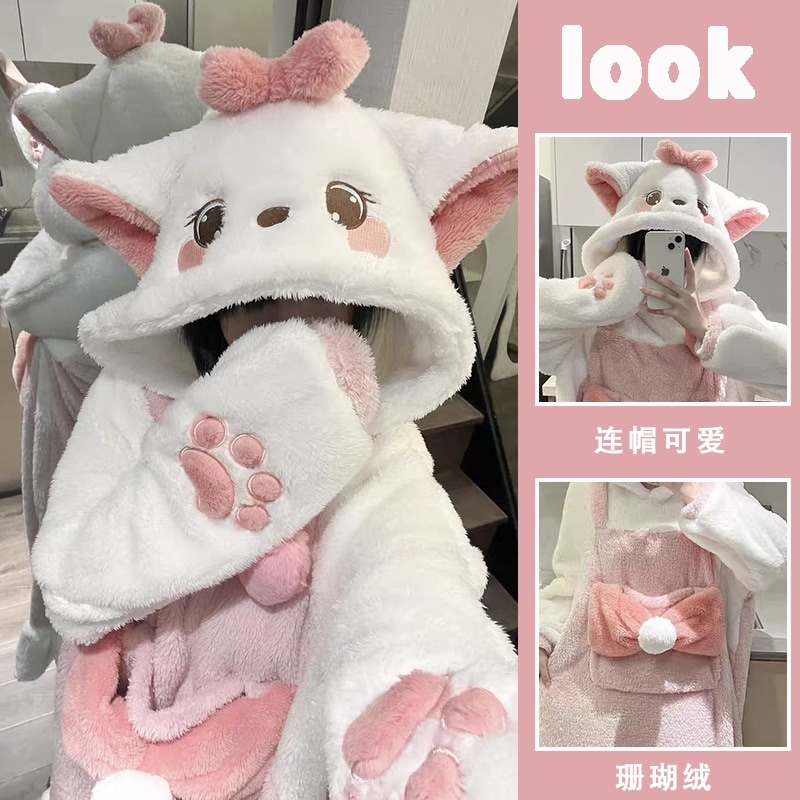 猫とネズミのカップルパジャマ レディース コーラルベルベット かわいいぬいぐるみ 厚みのあるロングぬいぐるみネグリジェ 用ホーム服セット