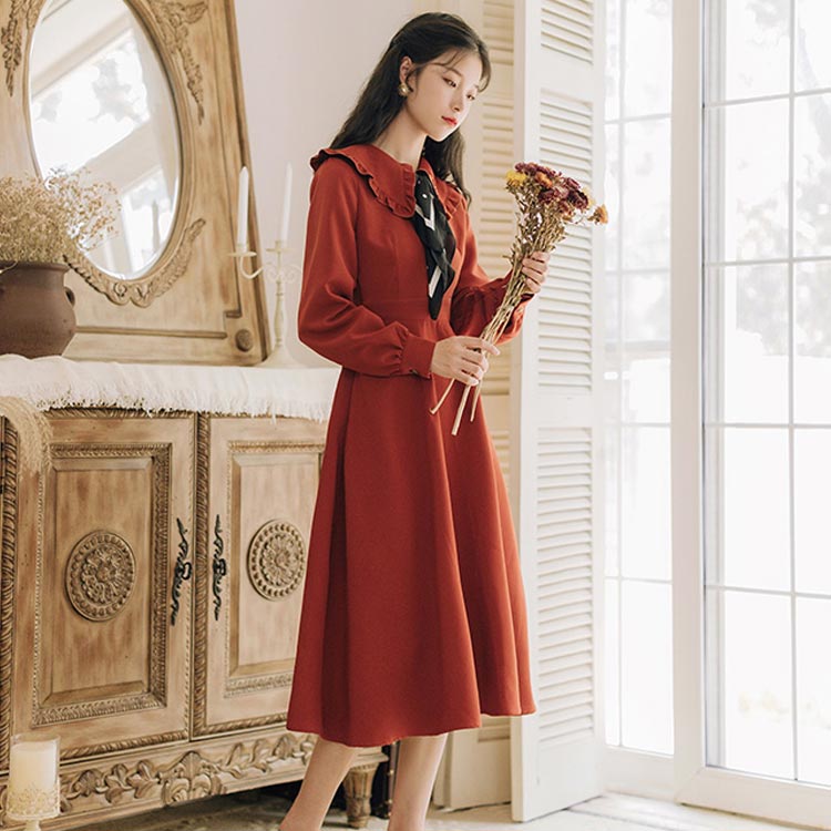 限定SALE!大きめ襟に小さめフリルで大人可愛いワンピース 秋 ロングワンピース ハイウエスト フレアワンピース 長袖 秋ワンピース トレロ 可愛い 無地 上品