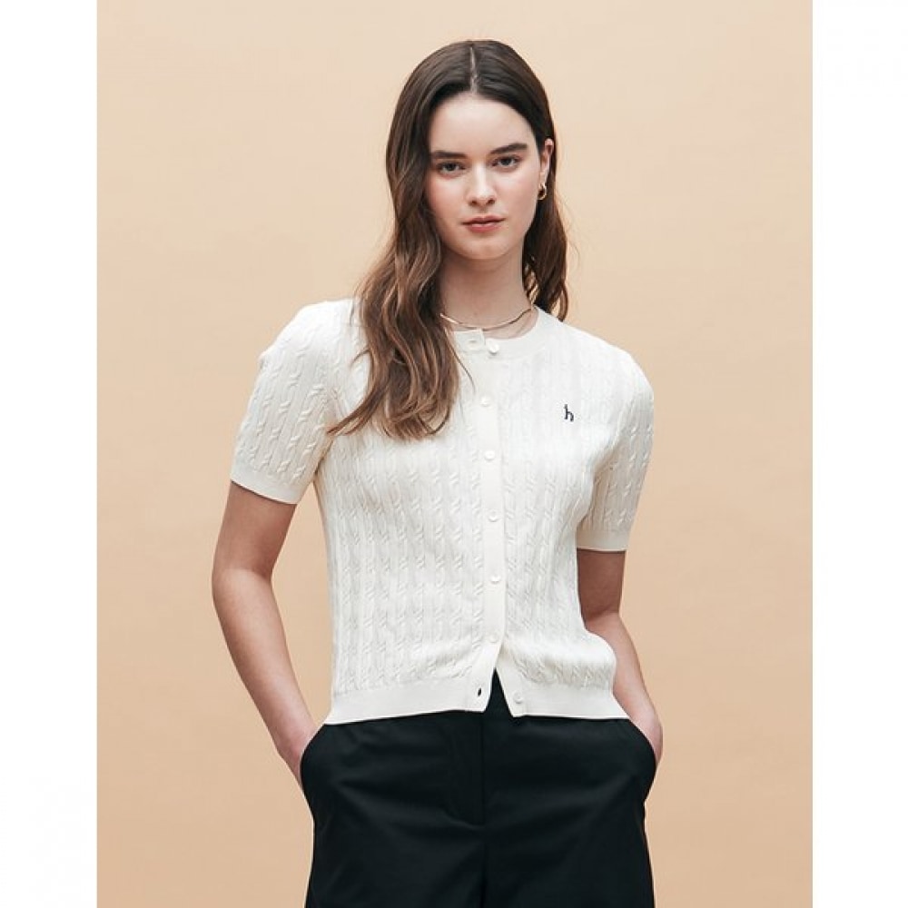 [25SS] [アイコニック] コットンラウンドネックケーブルショートスリーブカーディガン HSSW5AC22IV