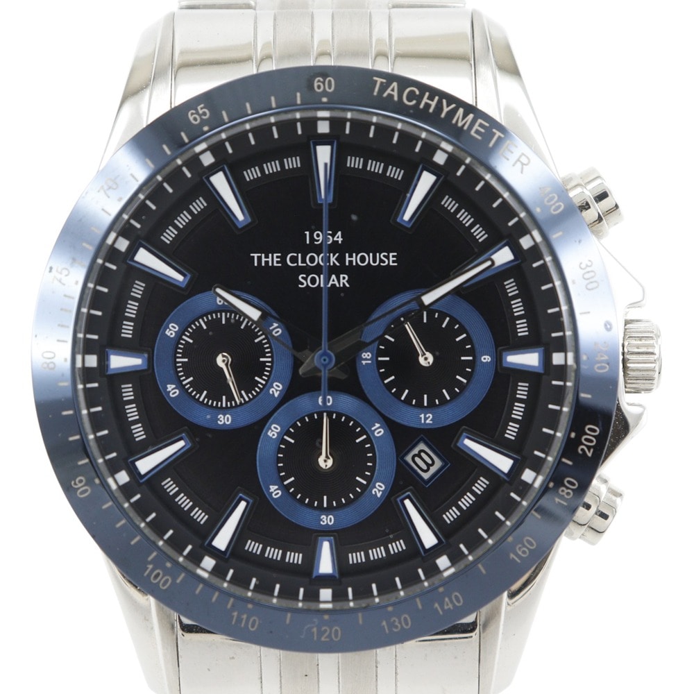 THE CLOCK HOUSE ザ・クロックハウス MBC1003 腕時計 ステンレススチール シルバー ソーラー時計 クロノグラフ メンズ 黒文字盤 中古品