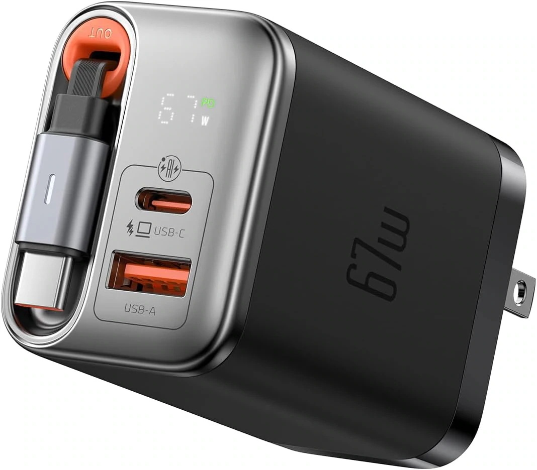 Mcdodo 67W GaN 急速充電器 PD充電器 Type-C充電器 17充電器 USB-C & USB-Aポート[伸縮式USB-Cケーブル付き/出力デジタル表示/GaN新技術]折りたたみ式プラグ