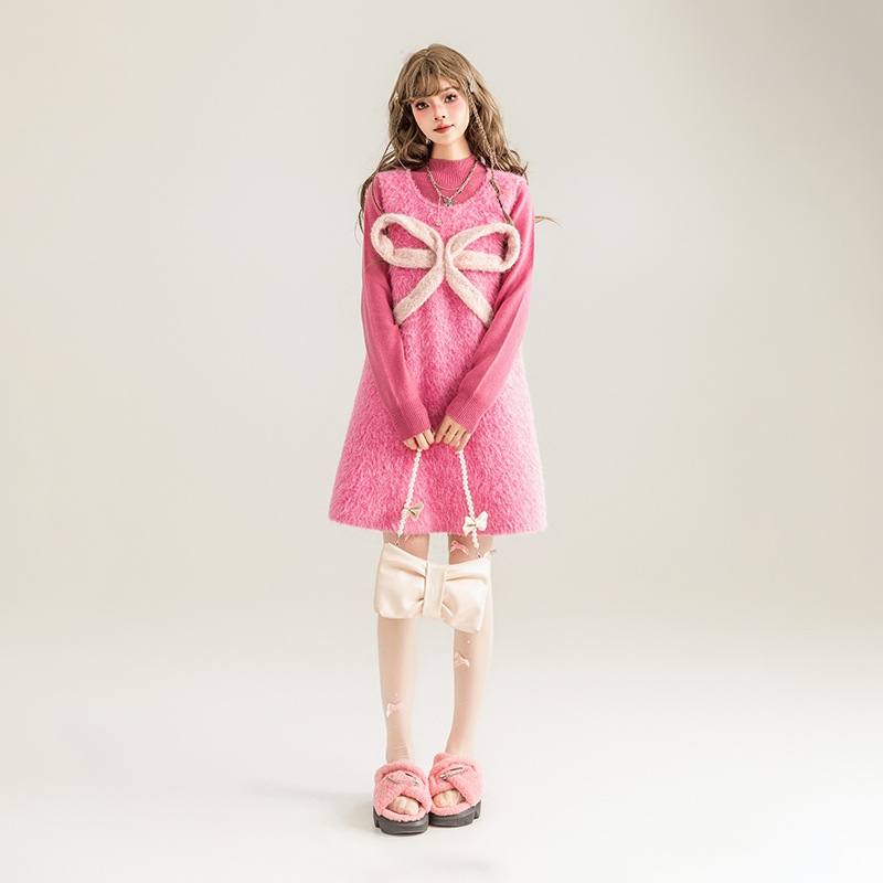 スウィートガールバービー ピンク ロング ベルベット ベスト ドレス ガーリー ボウノット 春 着痩せ ノースリーブ ドレス 5,685円