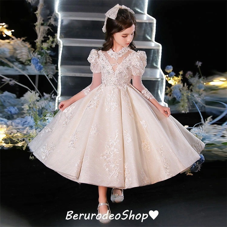 子供ドレス ピアノ発表会ドレス ライトシャンパン色 ロングドレス 女児ドレス 刺繍花柄 レース キレイめ プリンセスドレス 女の子 演奏会ドレス キッズドレス パフスリーブ 100 110 120 1
