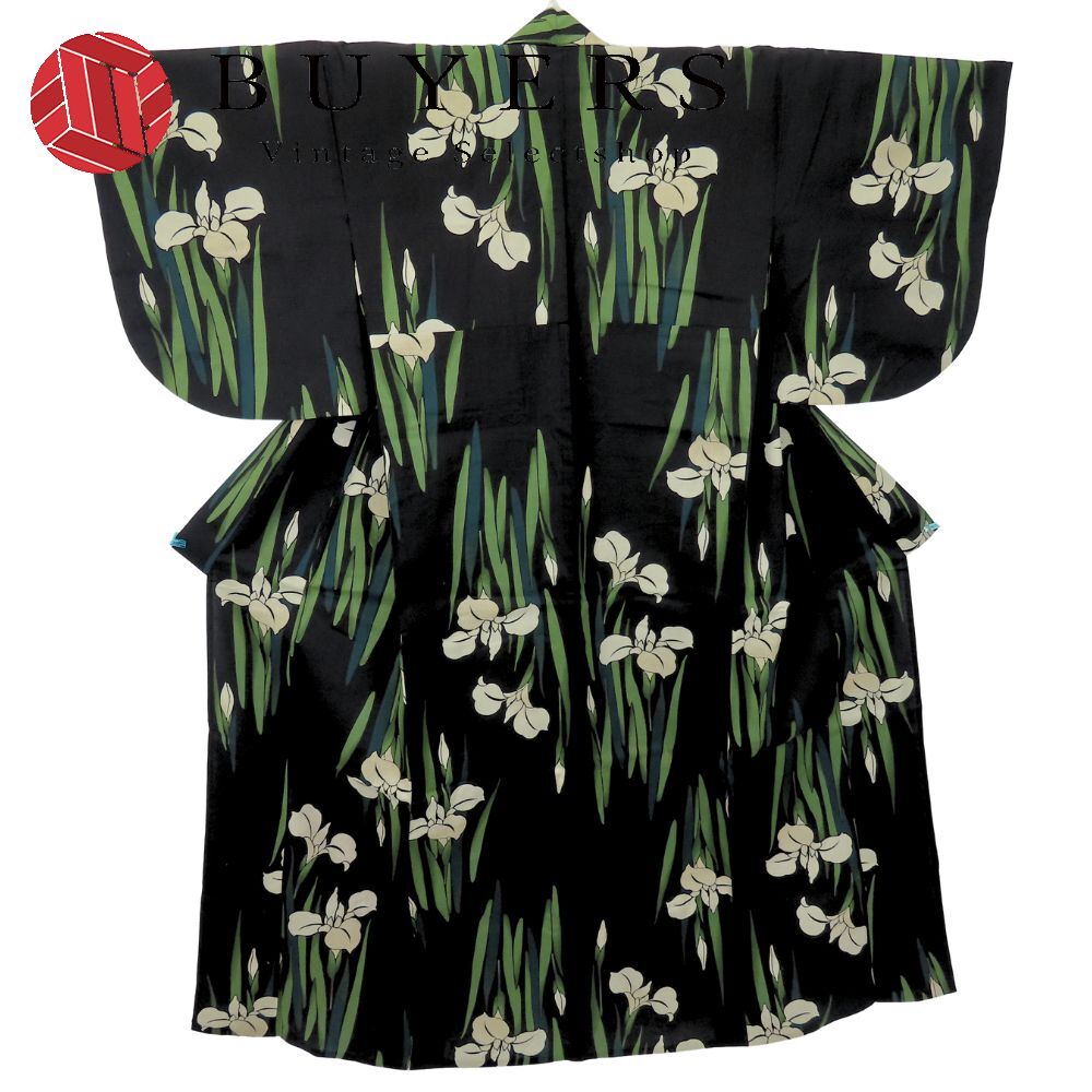 中古 浴衣 綿 ブラック グリーン ベージュ モダン お洒落 小夜 和装 呉服 和服 きもの レディース 女性