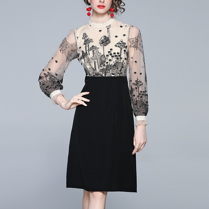 ドレス パーティードレス ワンピース ワンピ 刺繍 フラワー 花柄 パターン シースルー メッシュ