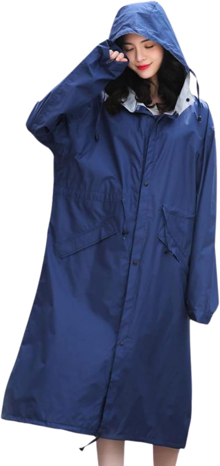 選べる着丈2種類／膝丈/ロング丈 レインコート おしゃれ レディース 通勤 通学 かわいい 撥水 防水 フード 自転車 バイク 梅雨 袋付き 長め(ロング丈/ネイビー, XL)
