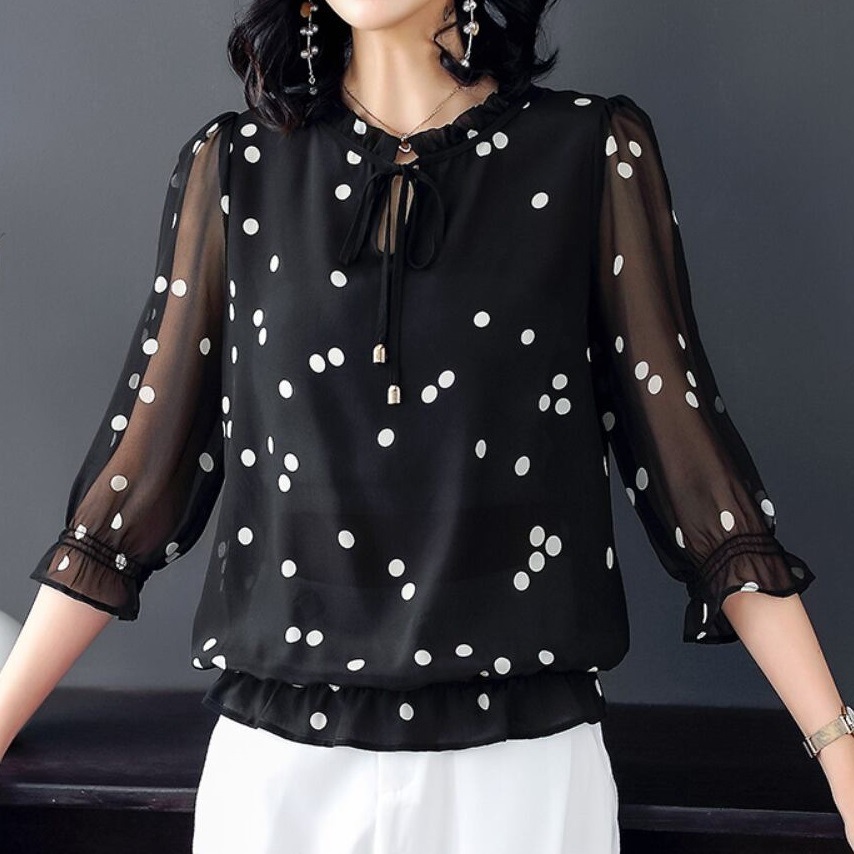 トップス シャツ ブラウス 袖あり 5分袖 Uネック 襟なし ストレート Iライン フリル リボン ウエストゴム 透け感 シースルー 薄手 かわいい 大人可愛い きれいめ カジュアル 大人 上品