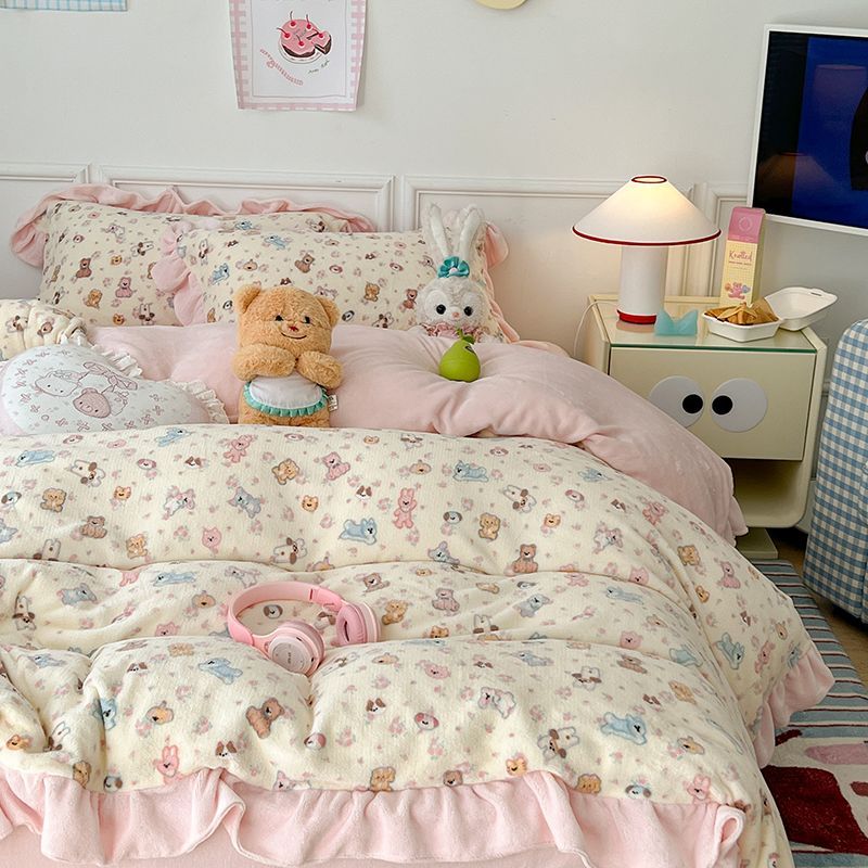 2024ミルクレーヨン4枚セットコーラルレーヨン冬の布団カバー加絨シーツ両面レーヨンフランネル3枚セット