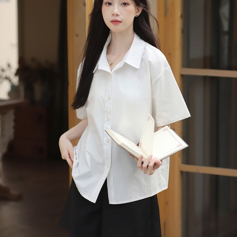 半袖 白 シャツ レディース ゆったり 細見え ファッション 学生 ミドル丈 シャツ 春夏 薄手 トップス19628