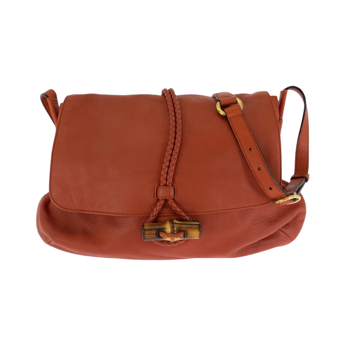 美品 バンブー オレンジ ブラウン ゴールド金具 レザー 338985 ショルダーバッグ メッセンジャーバッグ レディース 502185