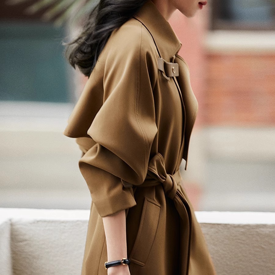 レディーストレンチコート2025春秋新作カーキトレンチコートレディースミドル丈ダブルブレスト英国風コートトレンド