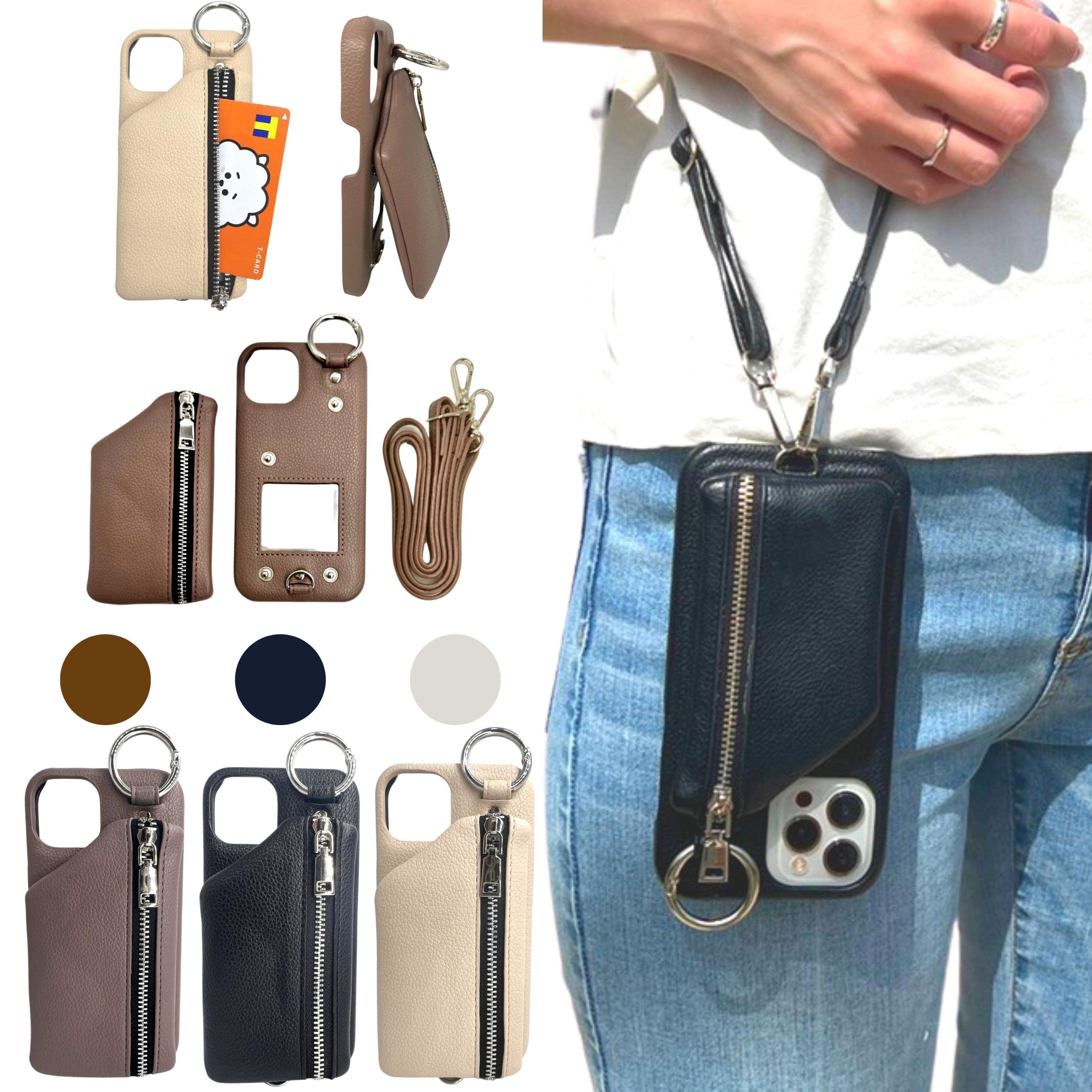 ミニウォレット・ショルダーストラップ付iPhoneケース（12/12pro/13/13pro）鏡付き ミラーケース スマホケース ショルダーストラップ iphoneケース 小銭入れ 財布付 取り外し可