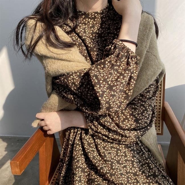 ワンピース マキシ丈 花柄 レディース 長袖ワンピース 裏起毛 ロングワンピ 花柄ワンピース ロング丈 裏ボア シフォンワンピース ムートン