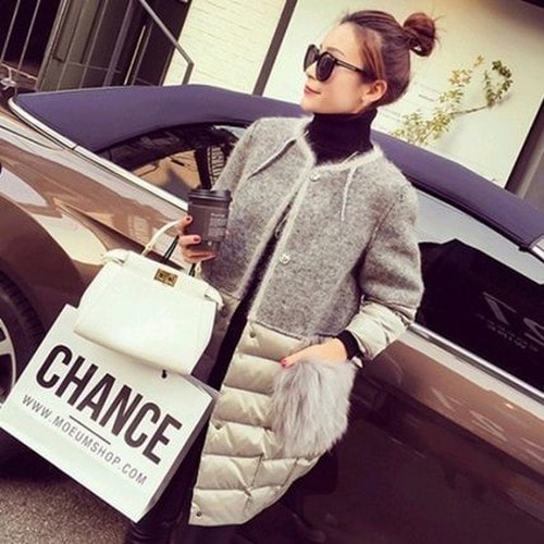 異素材ミックス 可愛い ポケット エコファー ノーカラーコート ミディアム カジュアル 秋冬　F-004