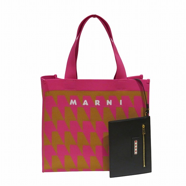 マルニ ジャカード ミディアム キャンバストートバッグ ピンク ブラウン ハンドバッグ【中古】