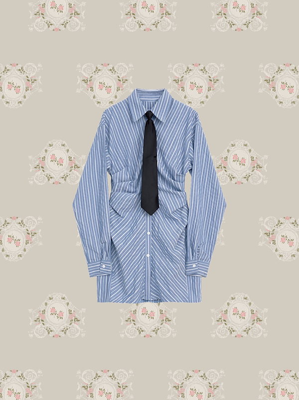 LA POMME petit 青と白のストライプ 半袖ミニワンピース ポロ