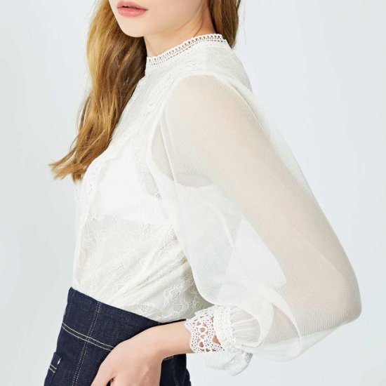 シャツ レディース フェミニン XSサイズ Sサイズ 無地 トップス レース 丸首 ラウンドネック 長袖 透け感 夏 黒 白 ランタンスリーブ 通勤 通学 学生 社会人 OLシャツ 10代 20代
