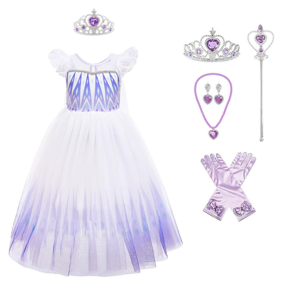 [即纳]新作先行発売エルサ ドレス 子供 コスプレ 衣装 アナと雪の女王2 豪華６点 セット ( ドレス 手袋 ティアラ ステッキ ネックレス イヤリング ) 100 110 120 130 140【
