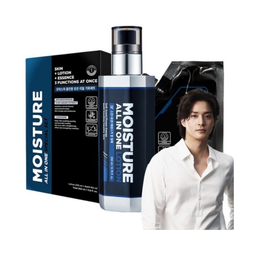 モイスチャー メンズ オールインワン ローション 本品 200ml + 詰め替え150ml, 1セット (保湿ケア/水分供給/肌鎮静/ 乾燥した肌)