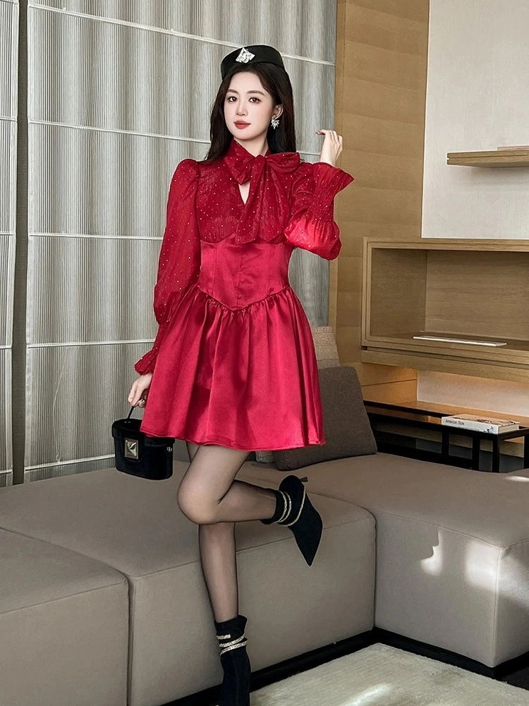 結婚式 同窓会 フリル レッドワンピース 二次会 メガ割 ドレス 2025秋冬新品 パーティー 蝶結び 披露宴 演奏会 キャバ 卒業式 ウェディング 大人