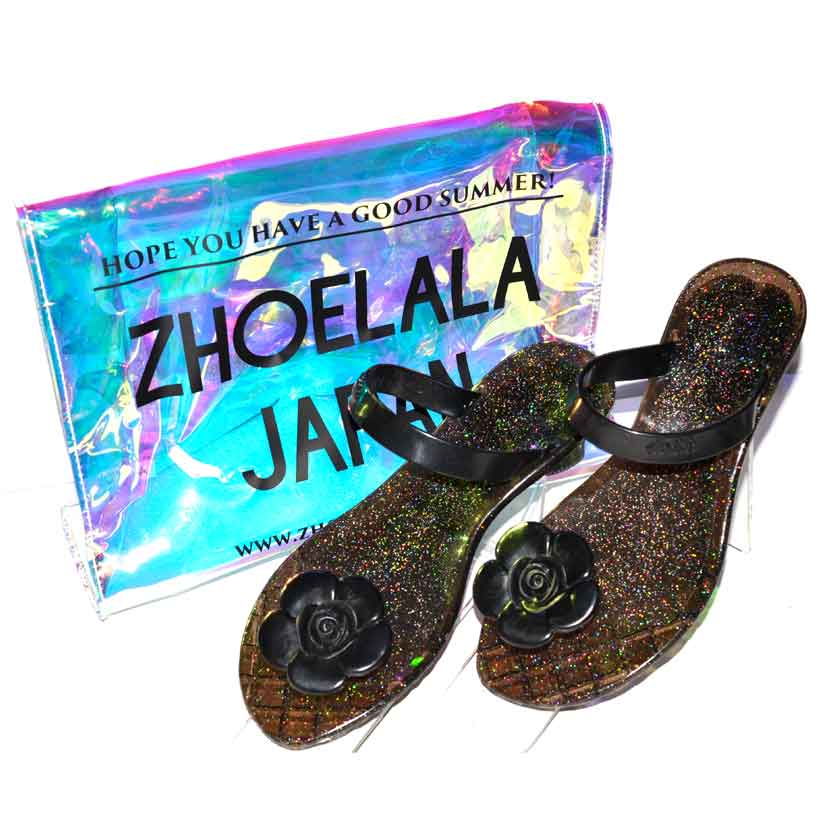 ZHOELALA(シューララ) Flower(フラワー)シリーズ(ヒールあり)　黒×黒（ヒールあり） FH-001