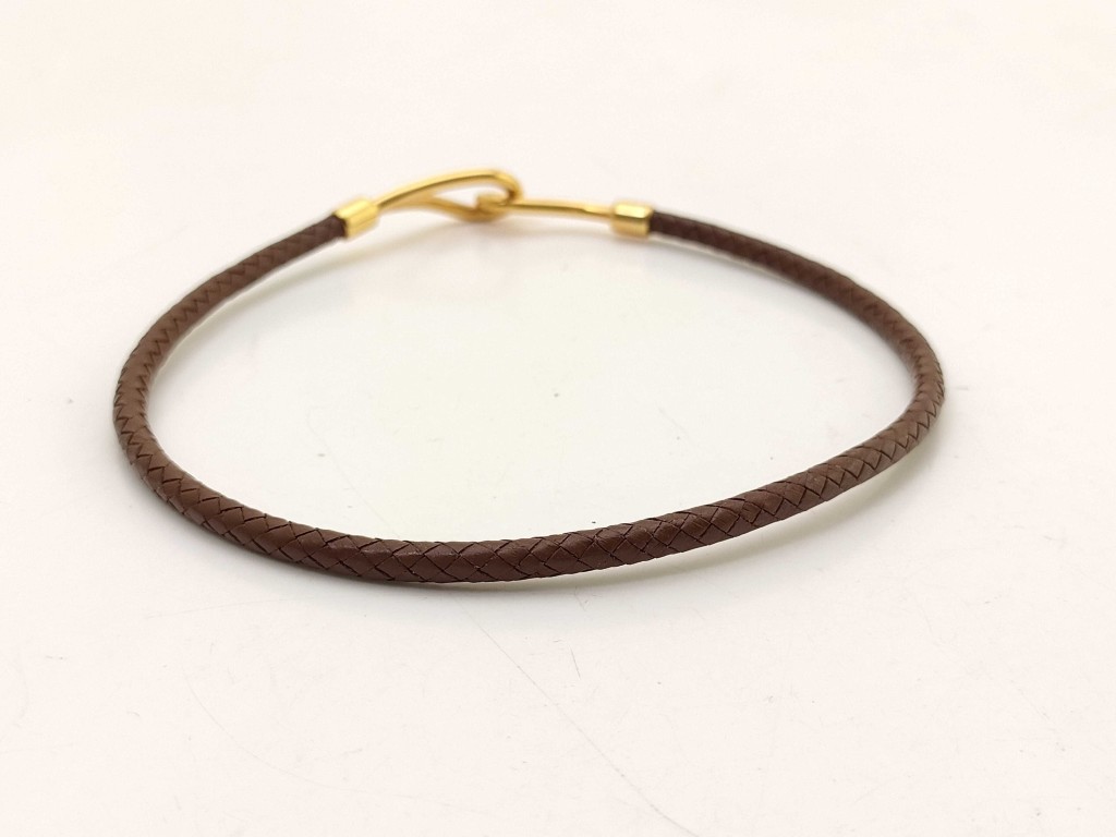 チョーカー ジャンボ ブラウン レザー ユニセックス 編込み ゴールド金具【本物保証】