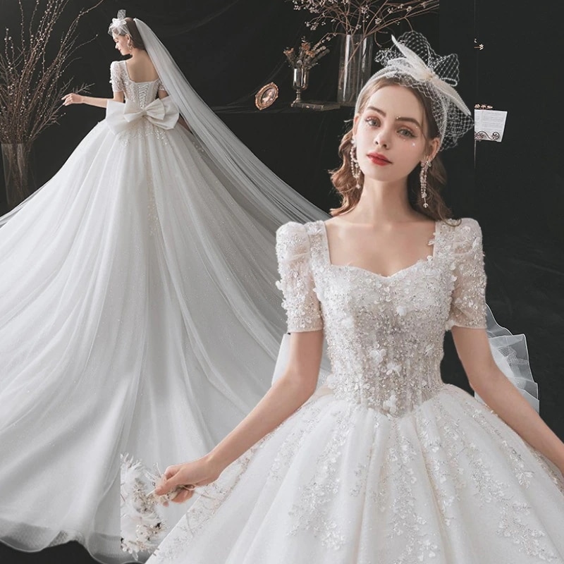 森系 パーティードレス 宮廷ウエディングドレス 白 結婚式 ドレス 二次会 花嫁 フォトウエディング ビーチフォト 前撮り 後撮り 披露宴 トレーンドレス Aライン パーティードレス