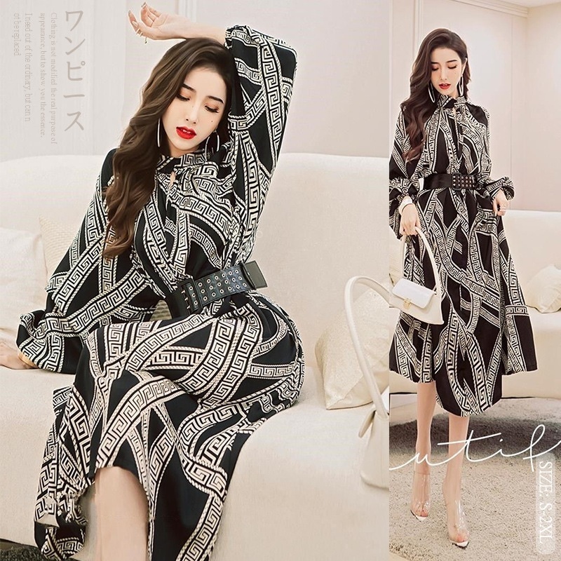 MZ342韓国 オシャレ花柄 ヴィンテージフレンチ 秋の新しいスタイル ロング 秋服