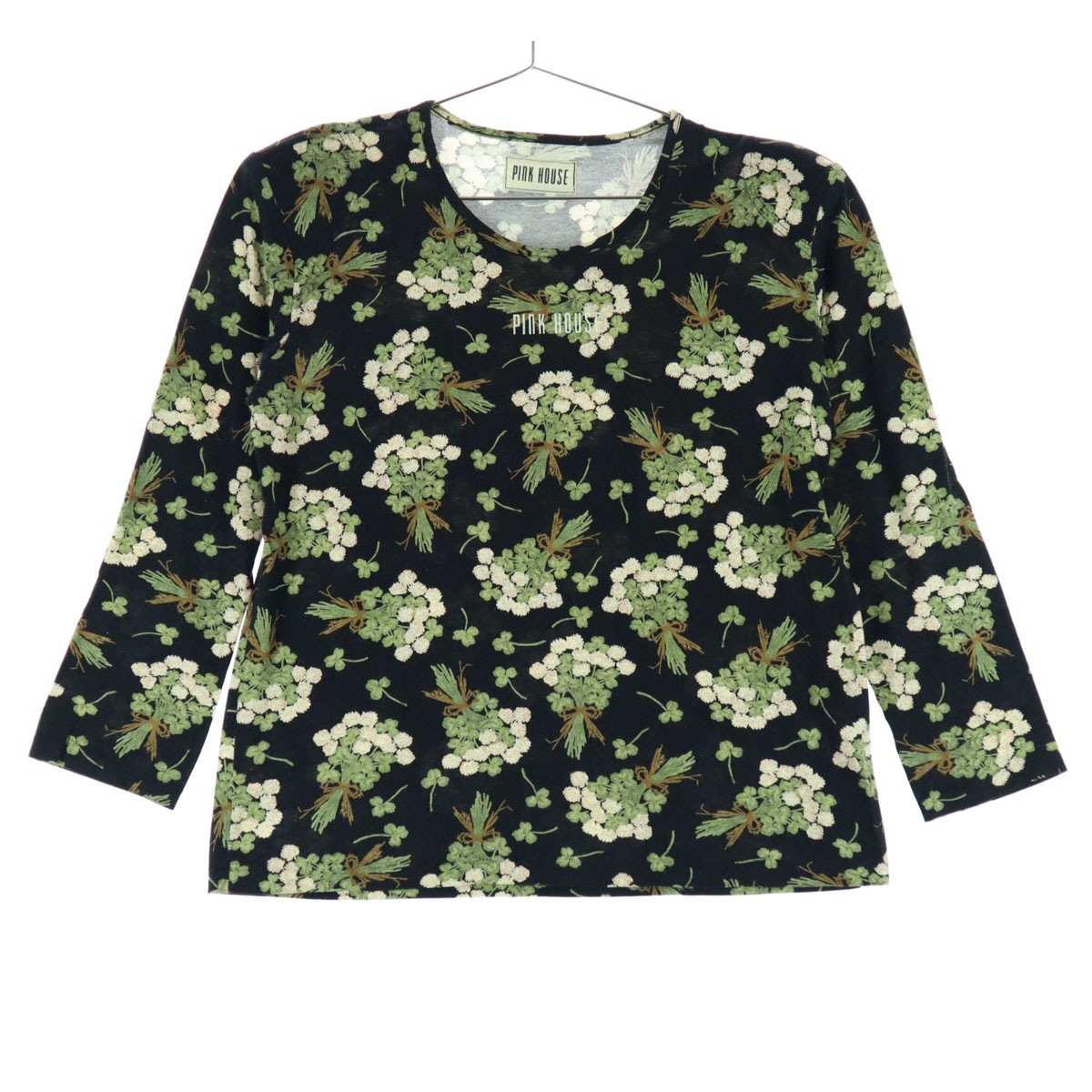 美品 ロゴプリント 長袖 Tシャツ ブラック×花柄 花柄 レディース 古着
