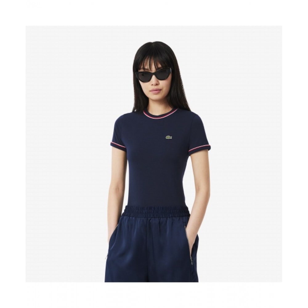 LACOSTE レディース ダブルパイピングスリムフィットTシャツ [ネイビー]