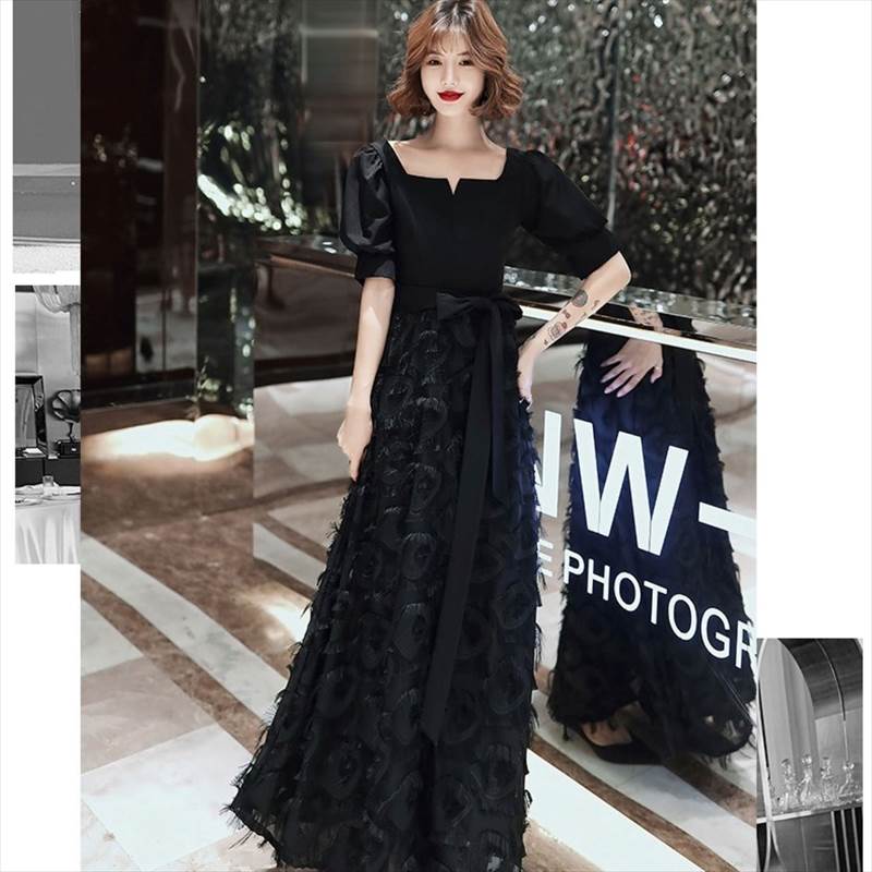 まとめ買い得パーティードレス ロング ドレス 黒 赤 無地 大人可愛い おしゃれ 個性的 パフスリーブ ウエストマーク リボン 半袖 フレア スクエアネック レディース 結婚式 二次会 お呼ばれ 演奏