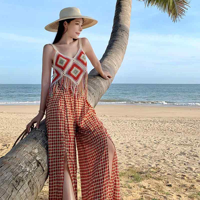 女性 夏 フレア モダン ワイドレッグパンツ ロングパンツ ビーチリゾート 薄手 カジュアル フェミニン フローラル レディース ボヘミアン チェック柄 伸縮性
