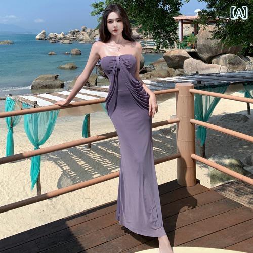 ワンピース リゾート レディース 高級感 紫 チューブトップ サスペンダー ドレス お姫様 メッシュ ヒップ ロング スカート 海辺 ビーチ ドレープ フローラル