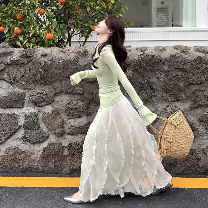 レースドッキングトップス×チュールスカートセット