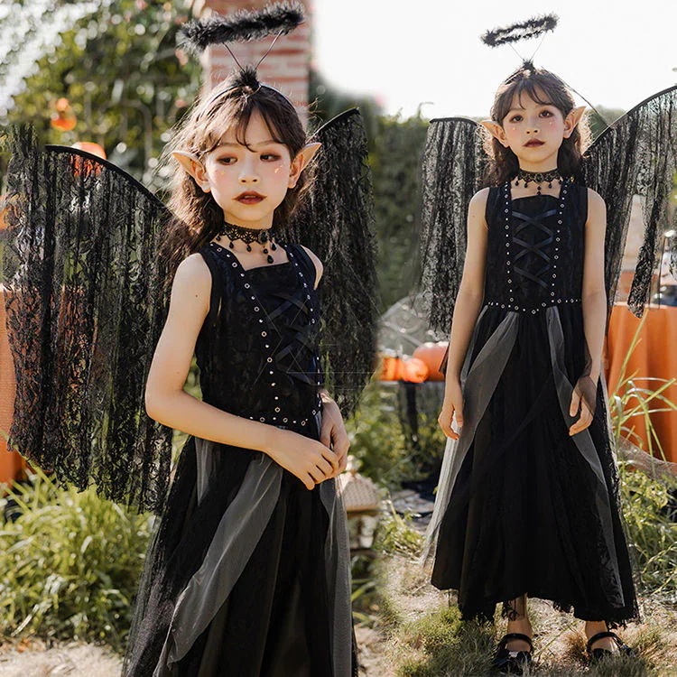 女の子 魔女 悪魔 ハロウィン キッズ 衣装 コスプレ 魔法使い ワンピース チュール 羽 天使 黒 ダーク ゴシック ハロウィン衣装 仮装 イベント 万聖節 パーティー 文化祭