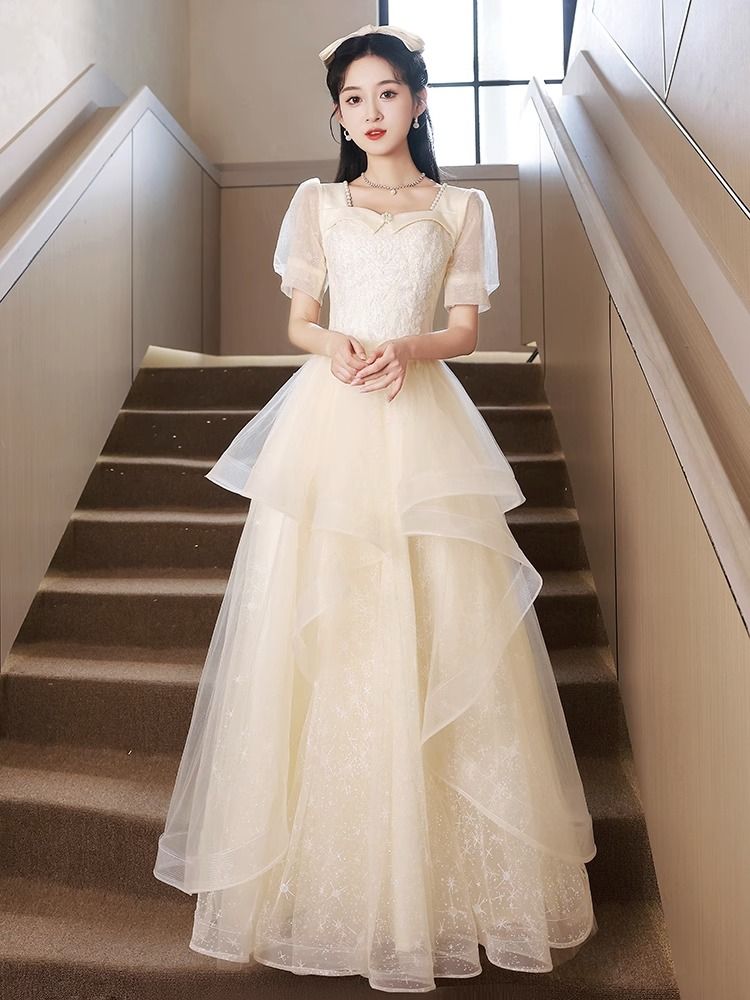 シャンパンイブニングドレス高級ライトラグジュアリーニッチ高級感卒業式や成人式の司会美術試験のパフォーマンス衣装30%制限