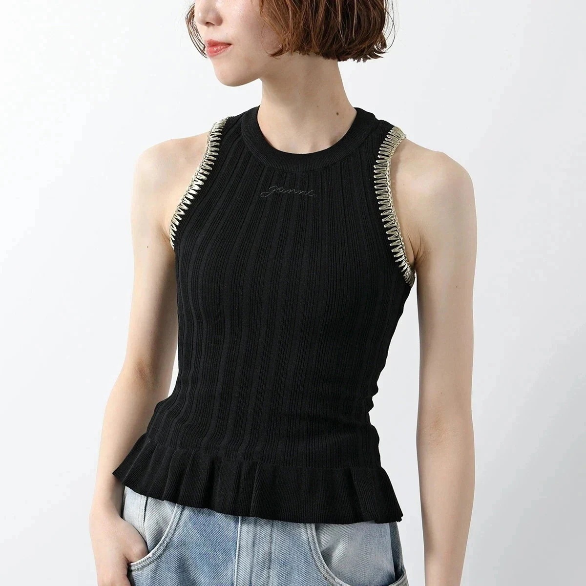 GANNI ガニー タンクトップ Light Viscose Rib Tank Top K2353 レディース ニット ノースリーブ ロゴ 刺繍 リブ 099/】