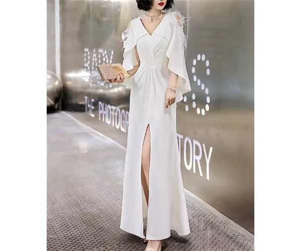 レディース ドレス イブニングドレス パーティードレス ロング マキシ 袖なし ノースリーブ Vネック スリム 細身 フィッシュテール ウエストマーク スリット 大人可愛い きれいめ シンプル